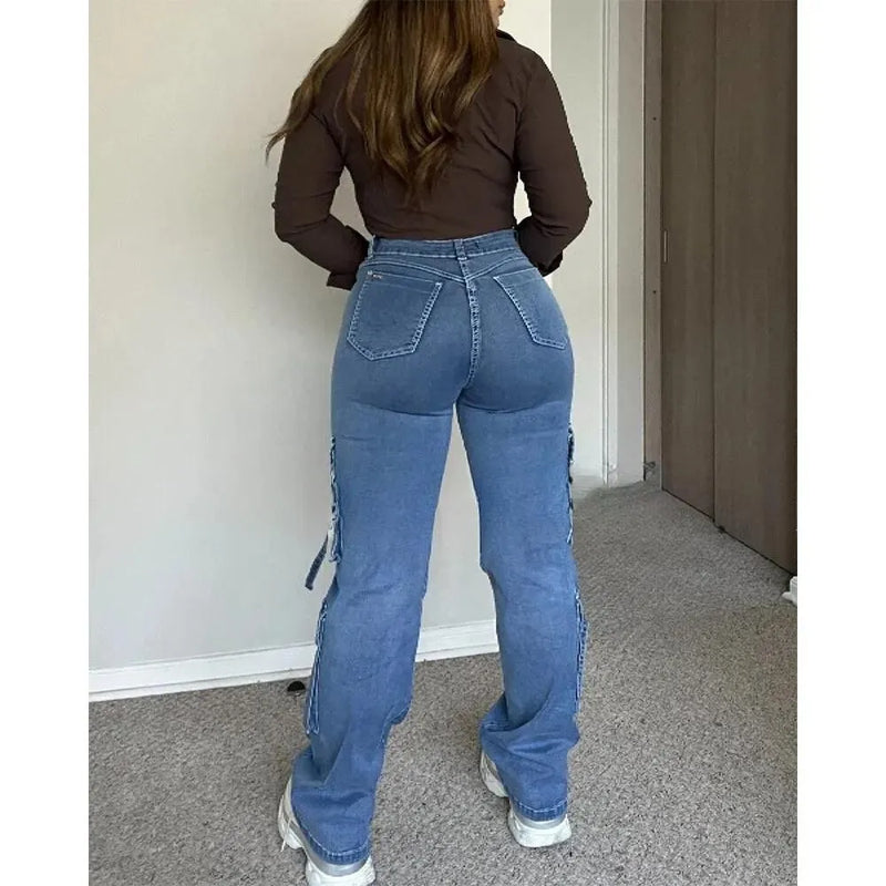 Calça Riley Jeans de Cintura Alta com Vários Bolsos e Resistência a Rugas