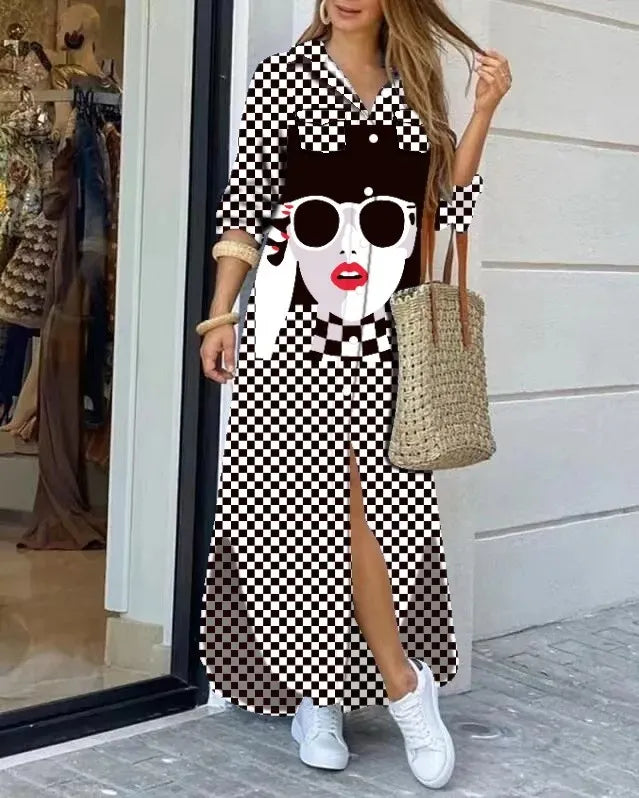 Vestido Feminino Olivia Estampado com Botões e Mangas Longas - Estilo Casual e Elegante