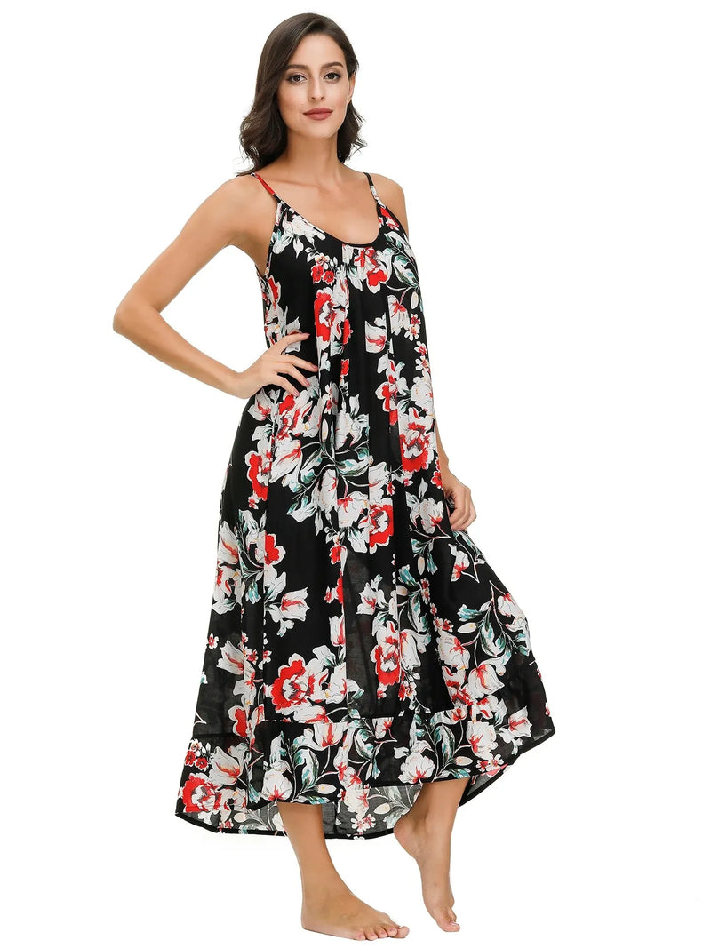 Vestido Feminino Maxi Floral Boho com Decote em V e Alças Ajustáveis 